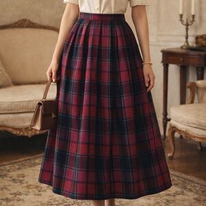 %100 Wool Chic A-Line Plaid Skirt in Pink